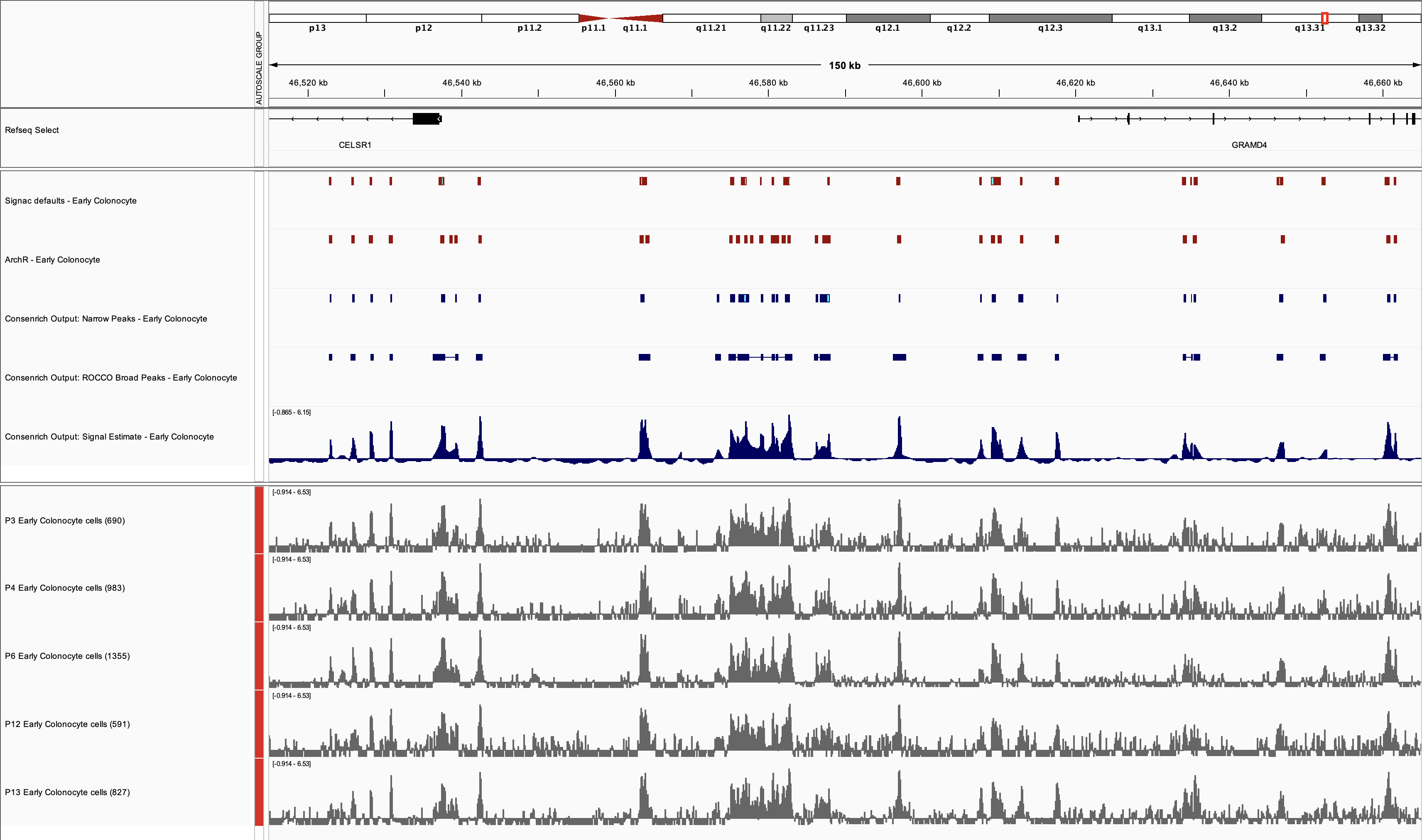 Early Colonocyte donor tracks, Consenrich signal and peaks, and Signac and ArchR peaks in IGV